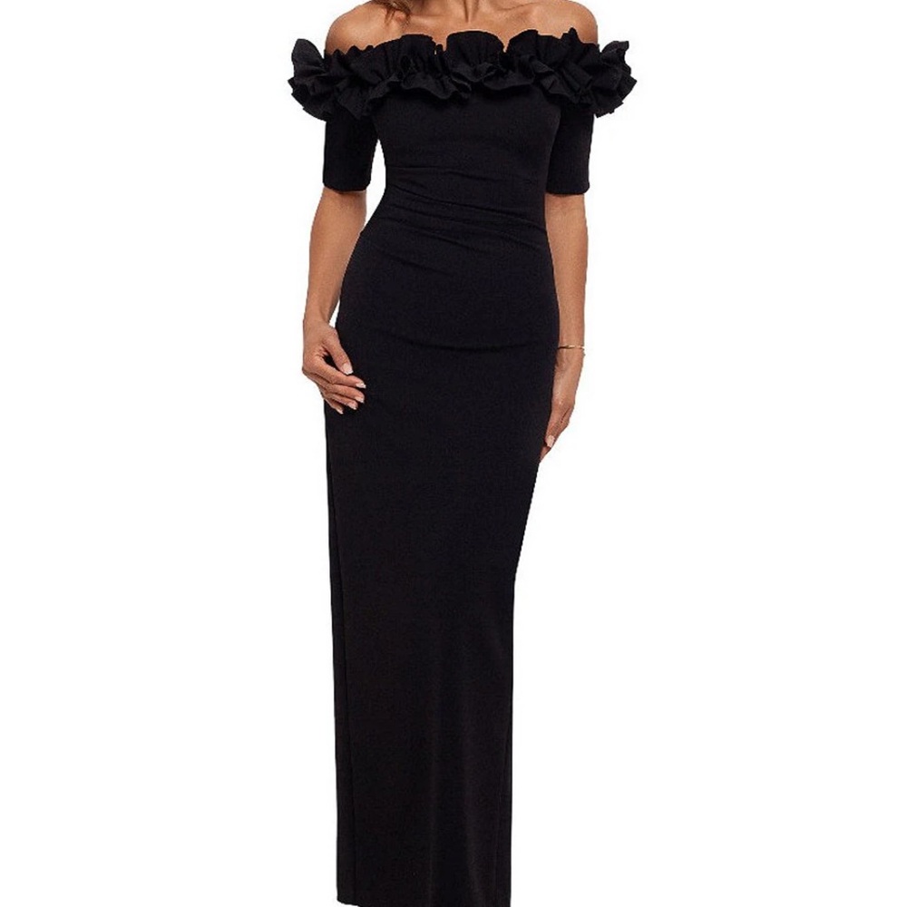 Xscape Black One Shoulder Ruffle Dress